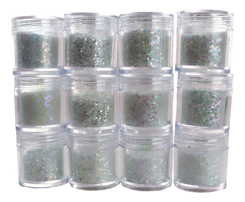 12 Potes Decoração Unhas Glitter Flocado Pedrarias Strass Cor HS-693