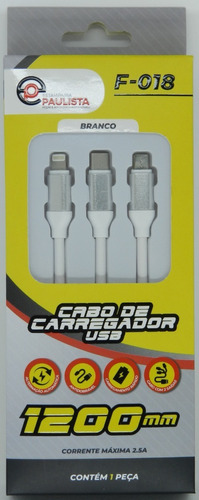 Cabo Estamparia Paulista Branco Com Entrada Usb  Saída Micro Usb, Lightning (iPhone) Tipo C