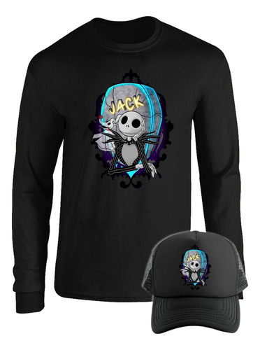 Camibuso Negro Jack Skellington  Manga Larga Combo Gorra 