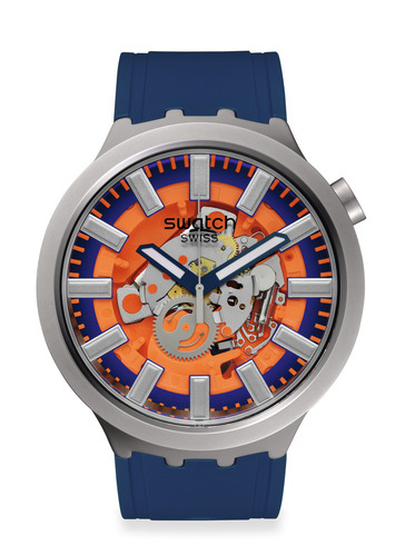 Reloj Swatch Orange In The Works Sb07s114 Correa Azul Bisel Azul Fondo Naranja