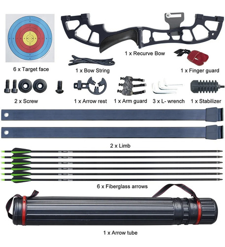 Set Arco Recurvo 6 Flechas Carbono Semiprofesional Tiro Arco