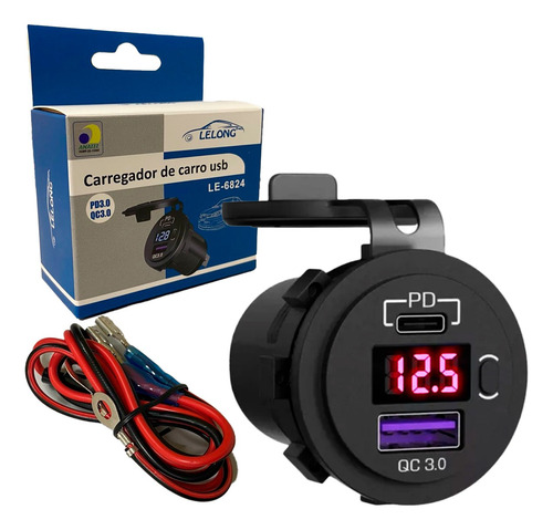 Tomada Carregador Carro Usb Tipo C Pd3.0 Voltimetro Vermelho