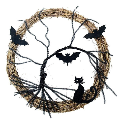 Corona De Halloween De Gato Negro Brillante De 30 Cm