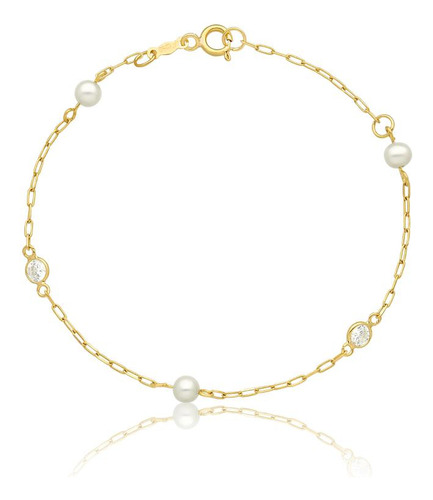 Pulseira Infantil Com Pérolas E Zircônia Em Ouro 18k - 15 Cm Cor Dourado