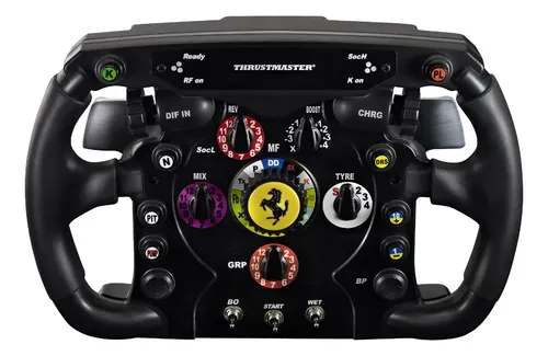 Volante Thrustmaster F1 Ferrari Add-on preto visto de frente, destacando botões coloridos e o emblema da Ferrari no centro.