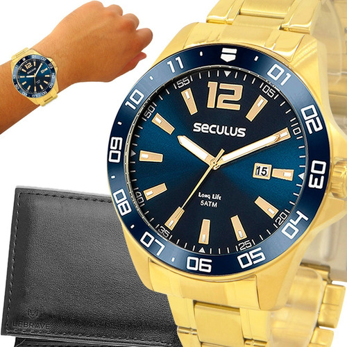 Relógio Masculino Seculus Prata Dourado Com Garantia 1 Ano