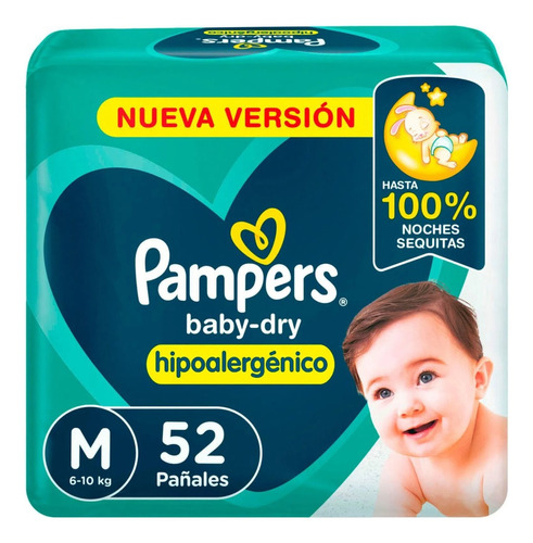 Pampers Baby Dry Hipoalergénico, Pañales Desechables Talle M 52 Unidades