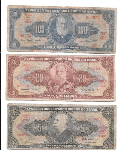Liquido Lote De 3  Billetes De Brasil.  Cruzeiros 1944