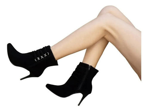 Bota Ankle Boot Salto Alto Fino Black Cadarço Cano Curto