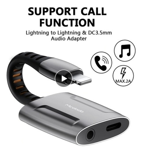 Imagen 1 de 10 de Adaptador iPhone Carga Lightning + Jack 3.5 Audio Llamadas