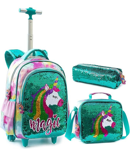 Mochila Lonchera Escolar Viaje Unicornio Lentejuela Verde Colores Ivyh