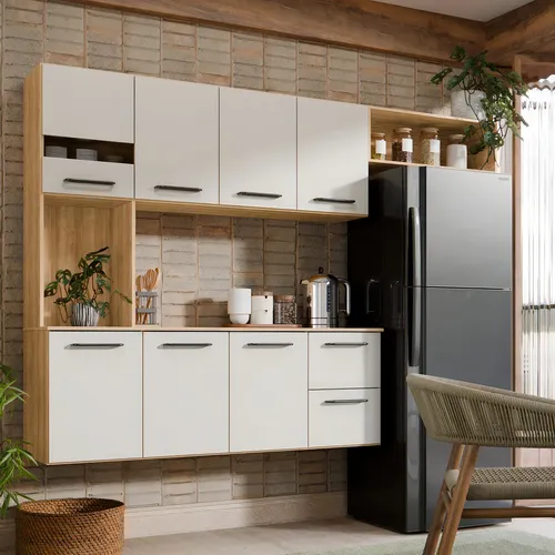 Armário De Cozinha Completa  Aéreo 7 Portas E 2 Gavetas Planejada Suspenso Branco Off White Carvalho Nature Amadeirado Mel Off
