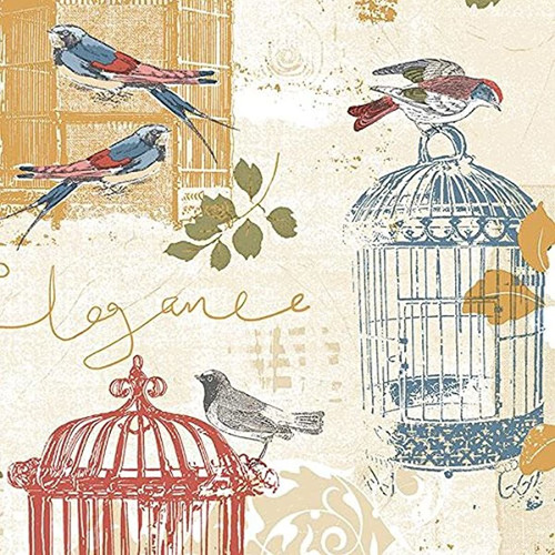 Papel Pintado Pre Lavable Con Pájaros Y Jaulas De Pájaros