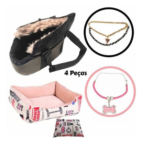 Kit Cama Caminha Cachorro Gato Pequeno Bolsa Colar Pet 4 Pçs