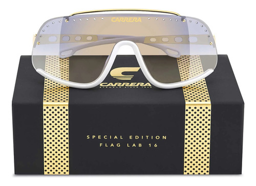Lentes De Sol Carrera Flaglab 16 Ky2 Blue Gold 100% Autentic Lente Azul Claro Varilla Blanco Armazón Blanco Diseño Mascara