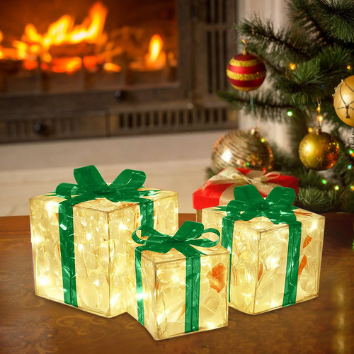 Caja De Regalo De 3 Piezas Con Luces Led, Decoración Navideñ