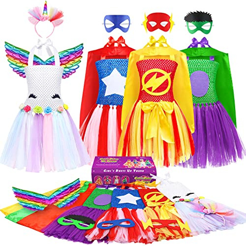 Baúl De Vestirse Para Niñas Dolnow Juegos De Imitación, 12 Piezas Set De Rol Con Trajes De Supergirl Unicornio Heroína Para Niñas Pequeñas De 3-6 Años