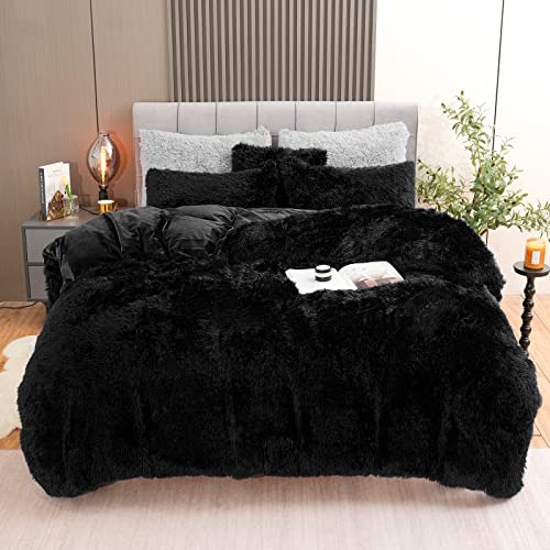 Fluffy Plush Black Duvet Cover Set, Luxury Ultra Soft V...