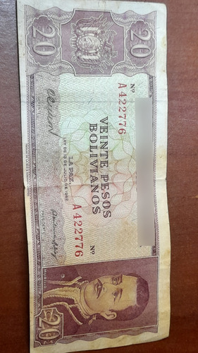 Billete Bolivia;(20 Pesos Bolivianos Año 1962), Buen Estado.