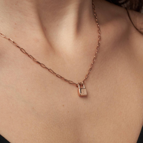 Collar Iniciales En Candado En Plata 925 Chapado Oro Rosa Rosa