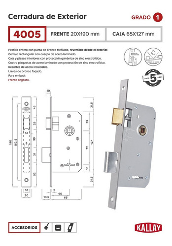Kallay 4005 Cerradura Seguridad Liviana Puerta Exterior