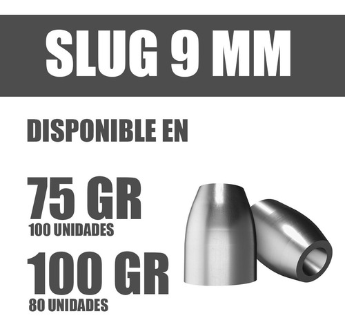 Imagen 3 de 10 de Balines Apolo Slug X100 9 Mm .35 Punta Solida Hueca 75 Gr