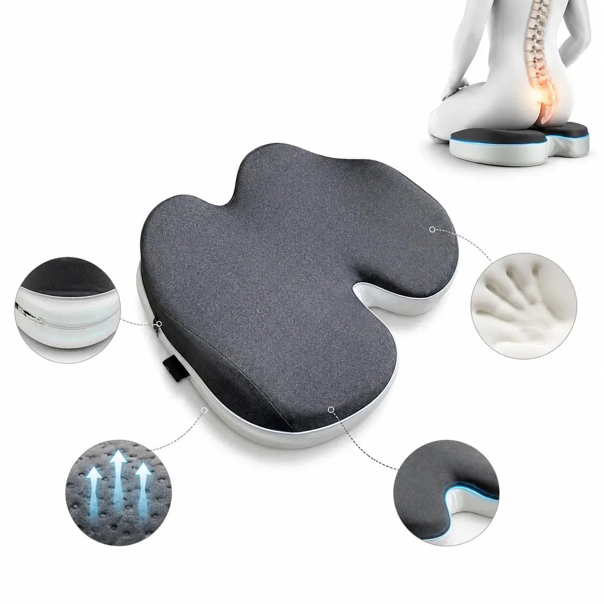 Almofada Assento Coccix Coluna Home Office Carro Lombar Espuma Grossa Premium Cadeira Escritório Trabalho Alivia Dor Portátil Home Office Antiderrapante Apoio Ortopédico Ergonômico Cervical Nasa