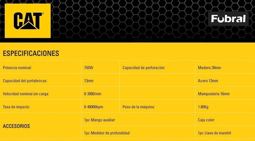 Taladro Caterpillar 13mm 750watts Con Percutor Dx17 Color Negro Frecuencia 50 Hz/60 Hz