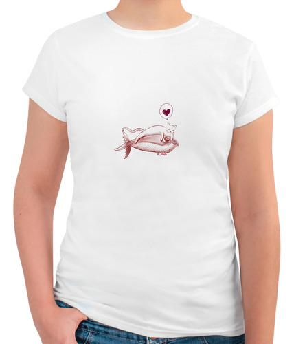 Playera Para Mujer Diseño Gatito Sobre Pez