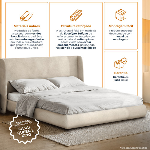 Cama Queen Base Estofada Boucle Com Cabeceira Slim Damie