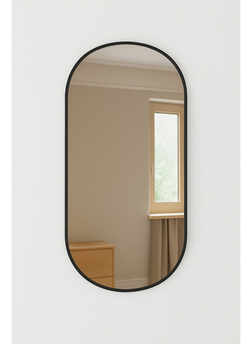 Espelho Oval Com Moldura Em Couro 50x80 Preto E Caramelo