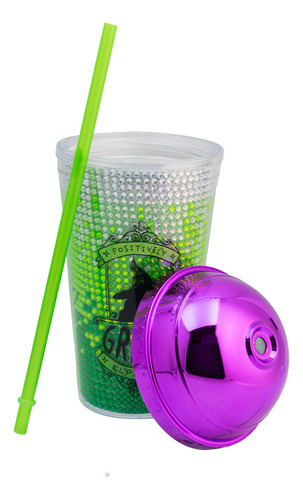 Vaso Doble Pared Tapa Domo Y Popote Brillos Wicked 500 Ml Color Verde
