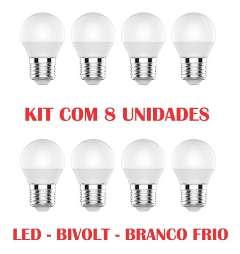 Imagem 1 de 4 de Kit Com 8 Lampadas Bolinha Led Camarim Branco Frio 127/220