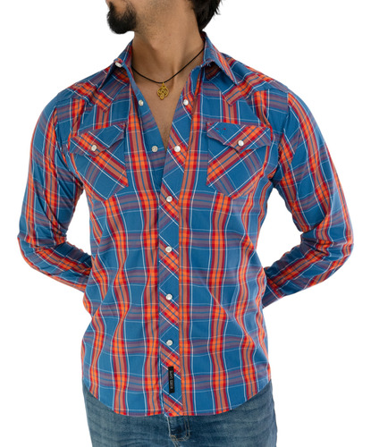 Camisa Cuadros Azul Naranja Manga Larga Vaquera Rodeo Hombre