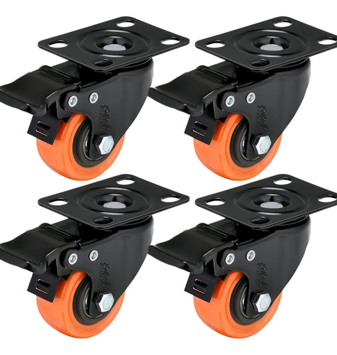Kit 4 Rodízios Rodas Giratórias Reforçada 200kg Rodinhas Para Moveis Com Trava Tamanho 40mm 1,5" Polegadas Laranja