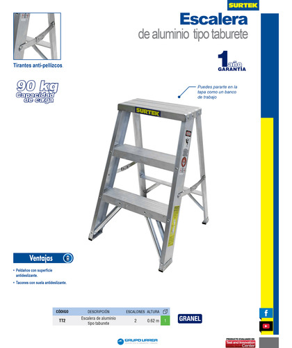 Escalera Tipo Taburete De Aluminio Con 2 Peldaños Surtek