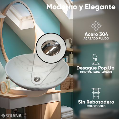 Solana Contra Push Corto De Lavabo Gold De Acero Inoxidable 304 Modelo Iltalia / Desagüe Completo Sin Rebosadero Universal Tubular Con Sistema Pop Up