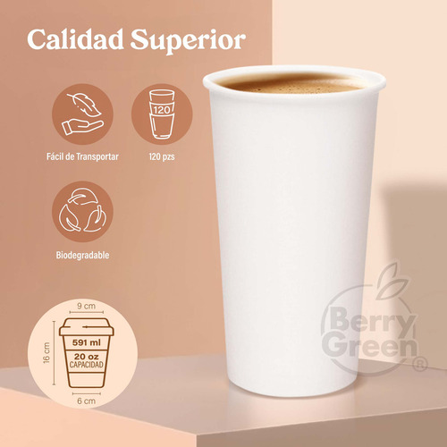Berry Green vasos blancos para café 20 oz (591 ml) biodegradables sin tapa paquete de 120 piezas resistentes fáciles de apilar ideales para bebidas calientes en hogar u oficina