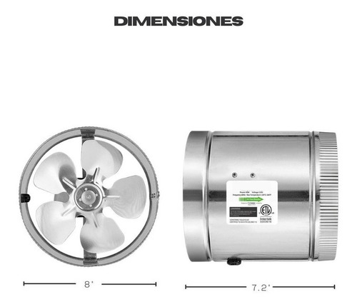 Imagen 2 de 5 de Extractor Industrial De Aire Metalico En Linea 8''