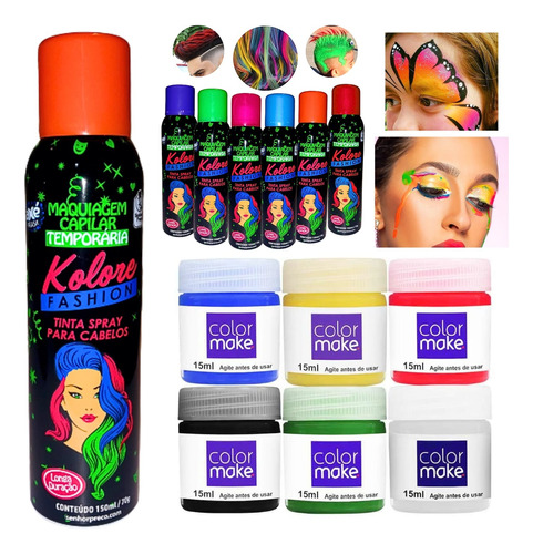 Kit Tinta Para Rosto Colorida 6un + Tinta De Cabelo Spray