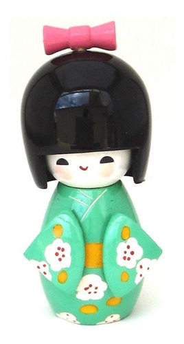 Boneca Kokeshi Verde Madeira Japonesa Oriental Hachi8