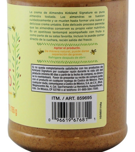 Imagen 2 de 3 de Crema De Almendras Kirkland Signature De 765gr