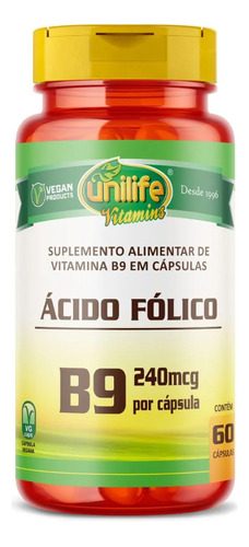 Vitamina B9 Ácido Fólico 240 Mcg Unilife 60 Cápsulas