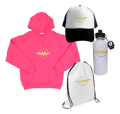 Combo Poleron Gorro Botella Bolso Mochila Wonder Mom