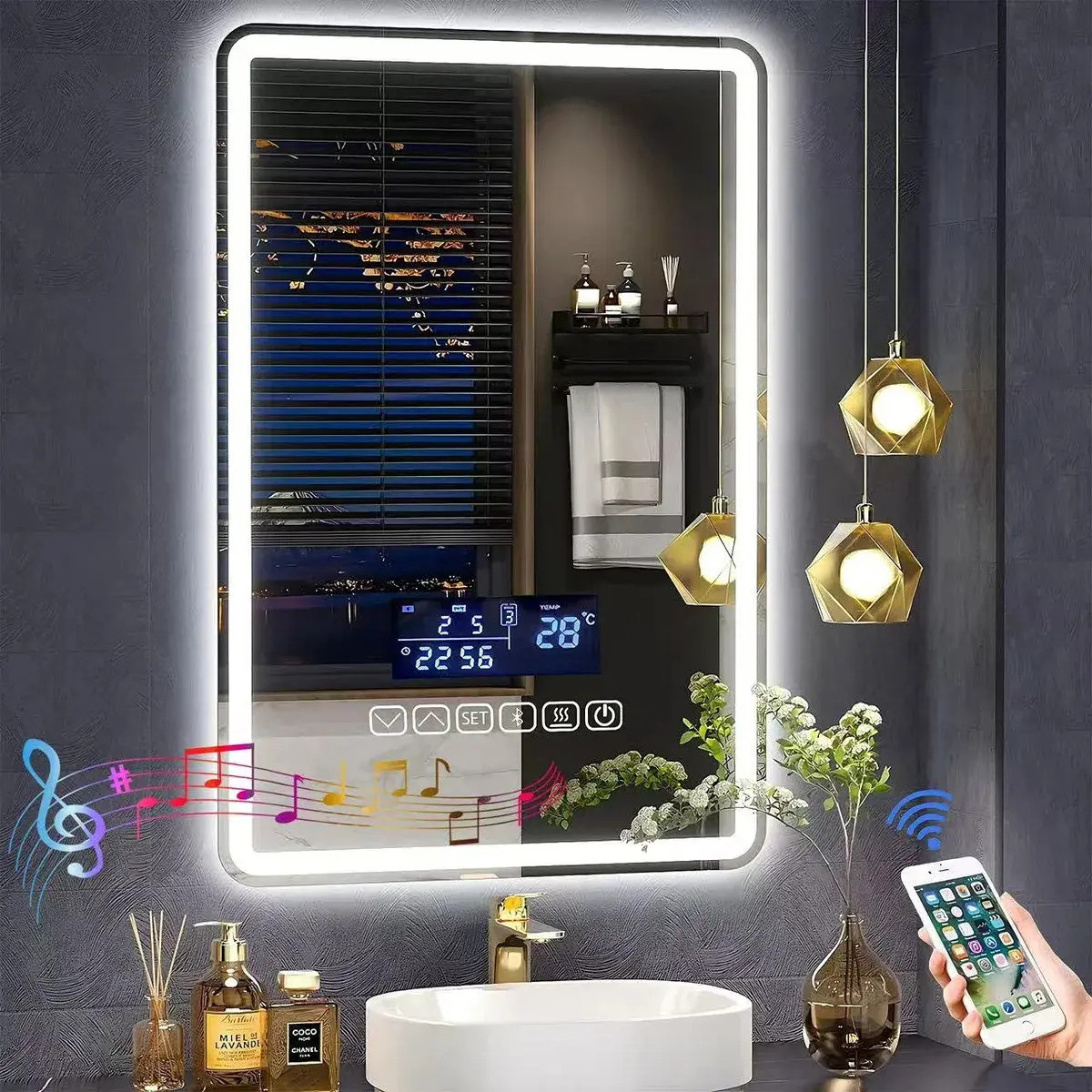 Artmu Espejo Rectangular Led Baño 70cmx50cm Con 3 Modo De Luz Cálido Y Natural Y Blanco Con Música De Bluetooth Y Función Antivaho Ect