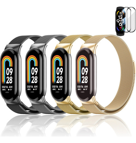 4 Correa Milanis Acero De Reloj + Mica Para Xiaomi Mi Band 8