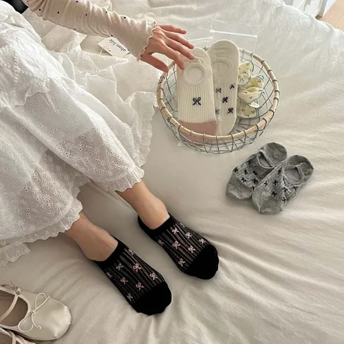 3pairs New Bow Boat Socks Invisible Soft Cotton Crew Socks