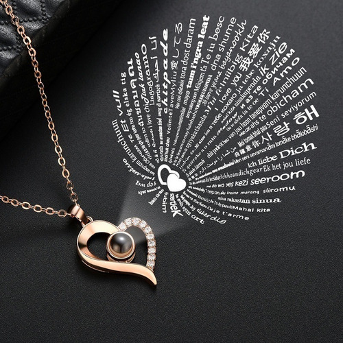 Imagen 6 de 9 de Collar Te Amo 100 Idiomas Corazon Largo + Cajita De Regalo