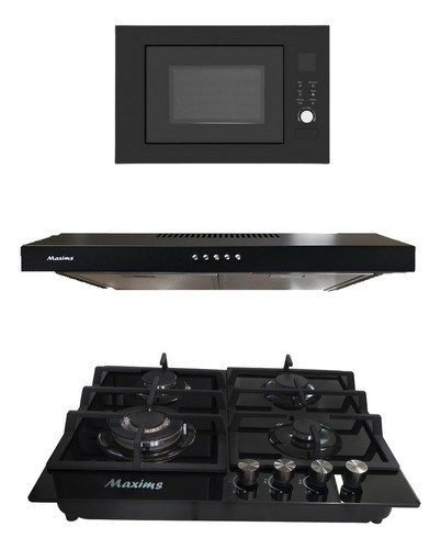 Parrilla De Gas 4 Quemadores Maxims Hbh4gs De Cristal Templado Incluye Campana De Cocina Maxims Hf6101aba Color Negro Y Horno De Microondas Empotrable.