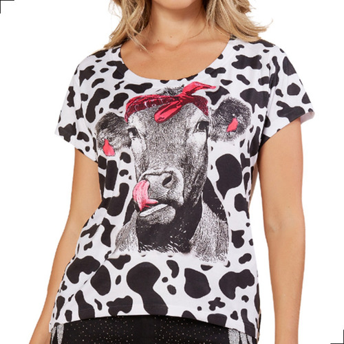 Camiseta Feminina Vaca Bandana Rosa Estampa Country